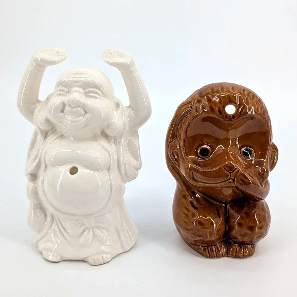 Vintage Tiki Set Buddha & Speak No Evil Monkey Cocktail Kitschy Tropical Barware